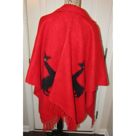 Wool Llama Alpaca Print Wrap Vintage Womens Red Graphic Cape Collared One Size - Picture 5 of 8